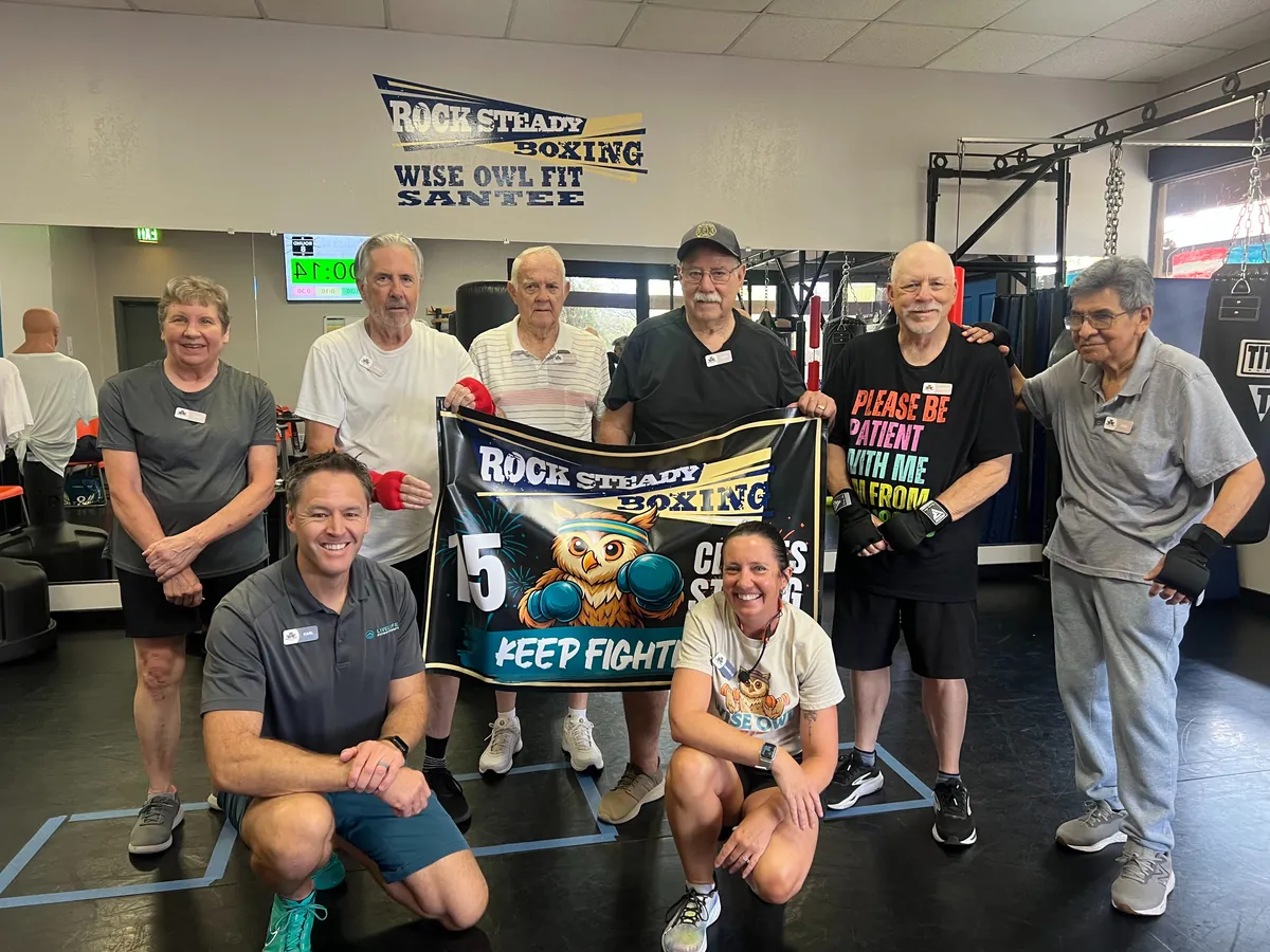 Rock Steady Boxing members celebrating 15 classes strong at Wise Owl Fit Santee
