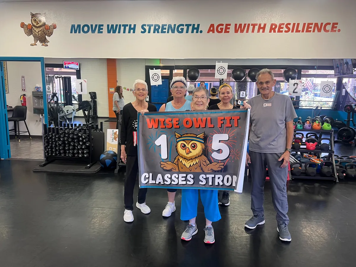 Wise Owl Fit members celebrating 15 classes strong